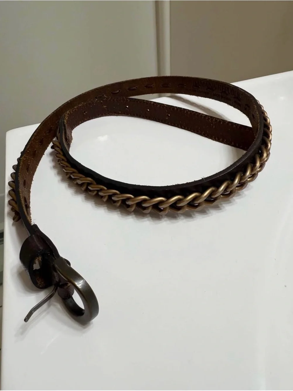 Banana Republic Dark Brown Leather Belt with Brass Chain Trim